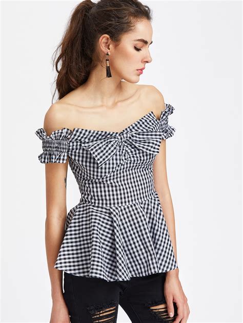 Bow Front Shirred Ruffle Sleeve Gingham Peplum Top Blouses For Women