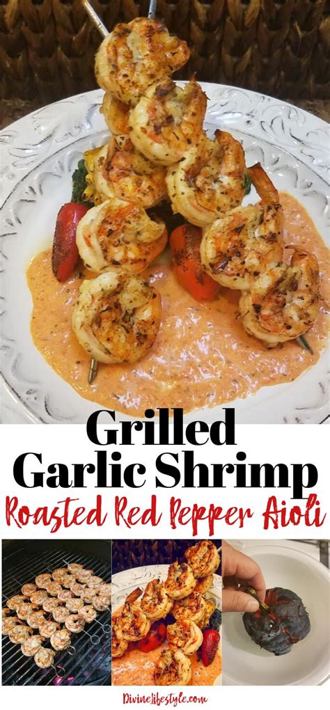 Grilled Garlic Shrimp Roasted Red Pepper Aioli On A White Plate With