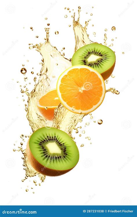 Oranges Kiwis And Water Splash On A White Surface Digital Image