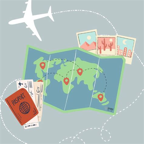 An Airplane Flying Over A Map With Postcards On It And A Passport In