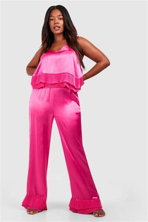 Plus Pleated Frill Satin Cami And Trouser Set Boohoo Uk