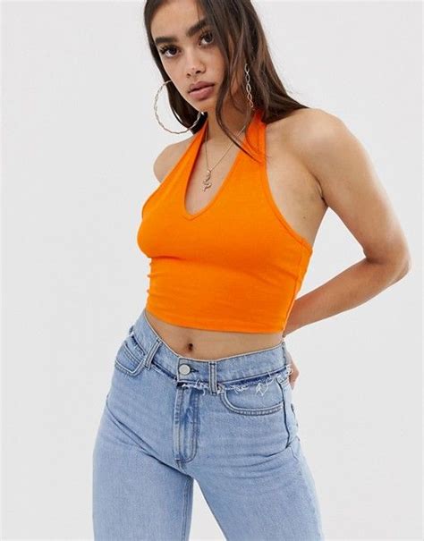 Asos Design Crop Top With Halter Neck In Orange Asos Halter Neck Top Outfit Crop Tops Tops