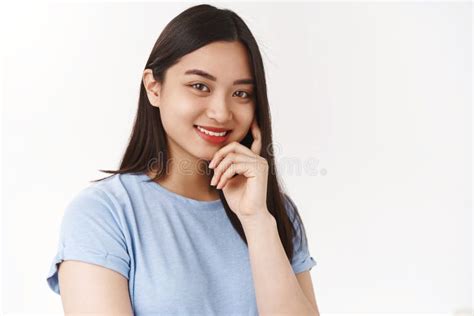 Close Up Tender Feminine Mysterious Cute Brunette Asian Girl Smiling Silly Touch Cheek Flirty