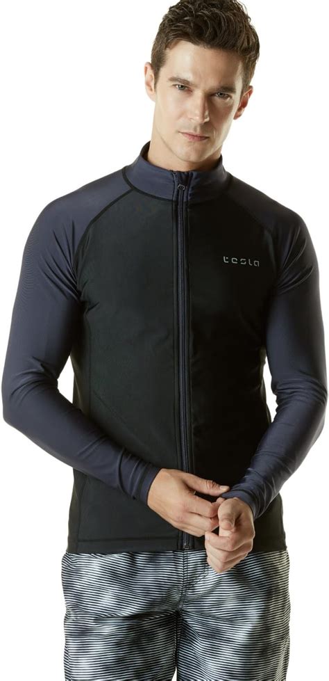 Tsla Mens Upf Zip Swim Front Long Sleeve Top Rashguard Swim Clothing