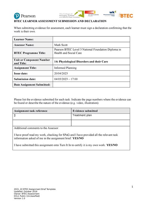 Final Assignment 2 Btec Learner Assessment Submission And Declaration When Submitting Evidence