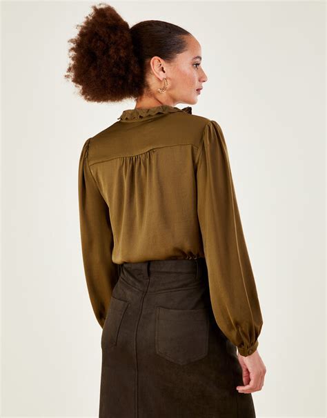 Satin Scallop Trim Blouse With Recycled Polyester Green