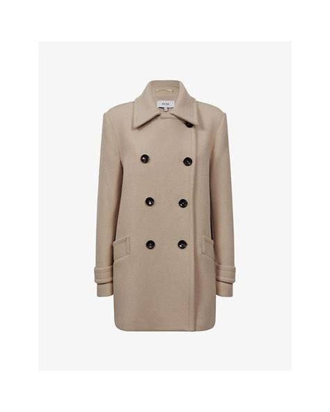 Reiss Maisie Short Double Breasted Woven Coat In Natural Lyst