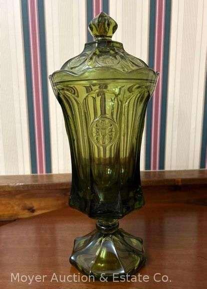 Vintage Fostoria Green Lidded Compote Tall Moyer Auction