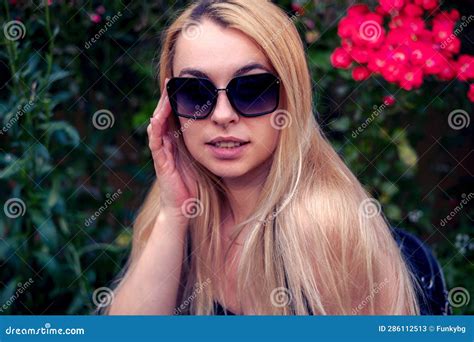 Blonde Woman With Sunglasses Happy Closeup Stock Image Image Of Adolescent Floral 286112513