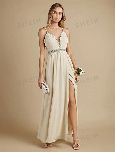 Shein Belle Guipure Lace Insert Split Thigh Cami Bridesmaid Dress For