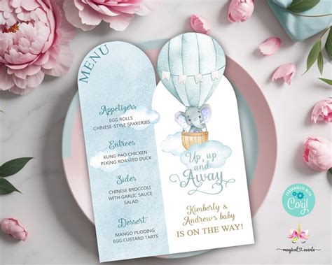 Up Up And Away Elephant And Hot Air Balloon Baby Shower Menu Boy Baby