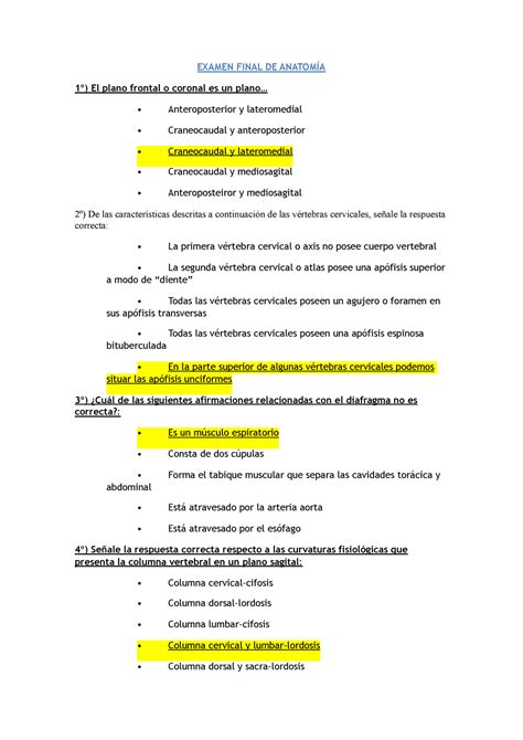 Examen Preguntas Y Respuestas Examen Final De Anatom A El