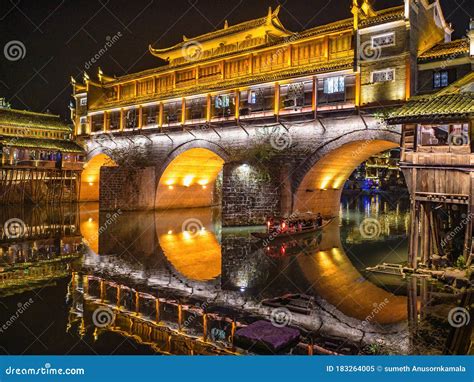 Scenery View in the Night of Fenghuang Old Town .phoenix Ancient Town ...