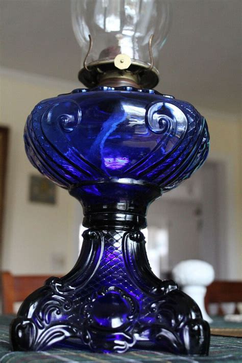 Authentic C Antique Cobalt Blue Princess Feather Kerosene Oil Lamp