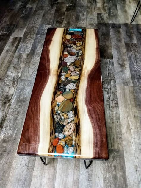 Epoxy River Rock Table Live Edge Furniture Petoskey Agate Etsy