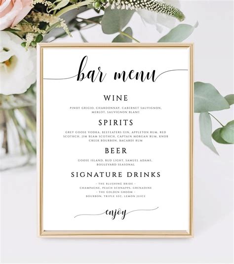 Editable Wedding Bar Menu Template Printable Bar Menu Sign Etsy