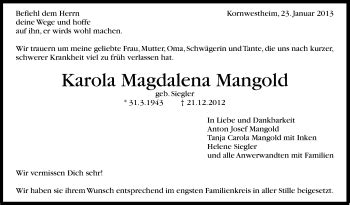 Traueranzeigen Von Karola Magdalena Mangold Stuttgart Gedenkt De