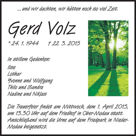 Traueranzeigen Von Gerd Volz Vrm Trauer De