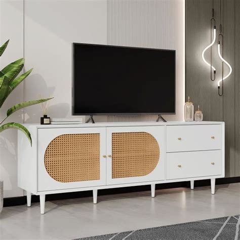 Meuble TV Blanc Moderne Buffet Salon 2 Tiroirs 2 Portes Armoire Avec