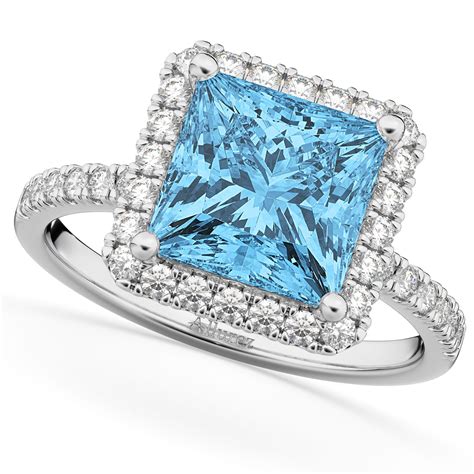 Princess Cut Halo Blue Topaz & Diamond Engagement Ring 14K White Gold 3 ...