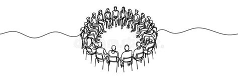 Group Of People Sitting In A Circle For A Discussion Or Meeting Drawn By One Line Vector