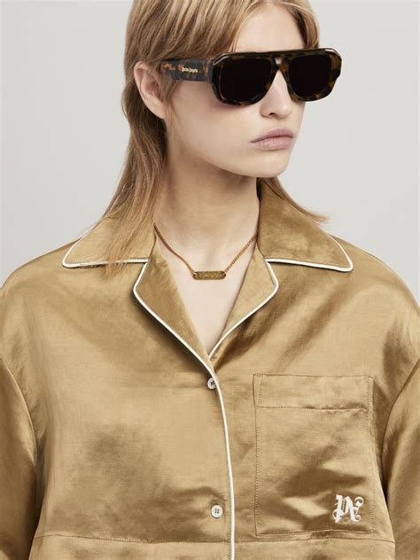 Monogram Satin Cropped Shirt In Neutrals Palm Angels Official