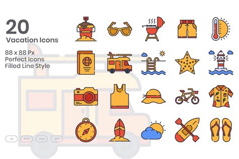 Vacation Icons Filled Line Graphic By Kmgdesignid Creative Fabrica