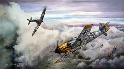 Рисунок Spitfire & Bf-109 на рабочий стол | Авиация War Wallpapers