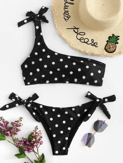 One Shoulder Polka Dot Bikini Set Shein Sheinside Bikinis Side Tie