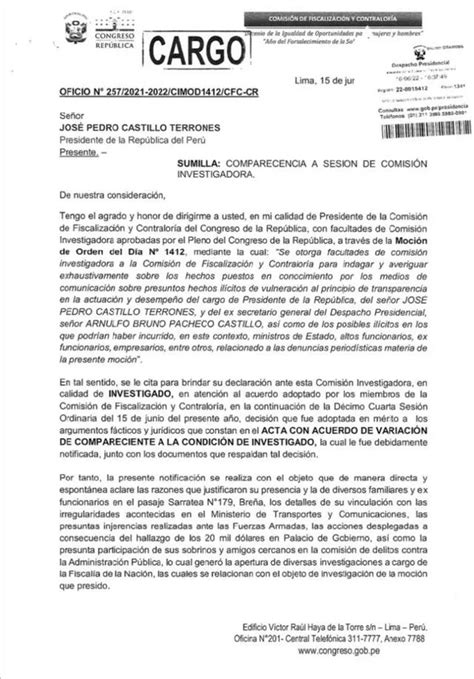 Pedro Castillo Comisión de Fiscalización cita al presidente a declarar