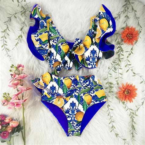 Delft Blue Ruffle Lemon Bikini Triangle Micro Bikinis Sexy Low Waist