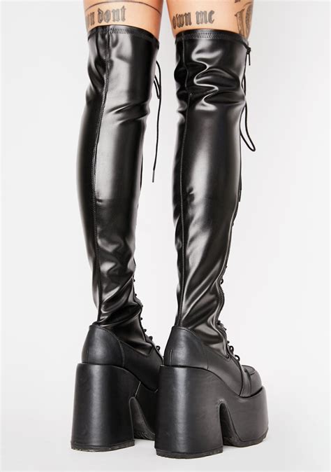 Demonia Camel-300 Thigh High Chunky Heel Platform Boots | Dolls Kill