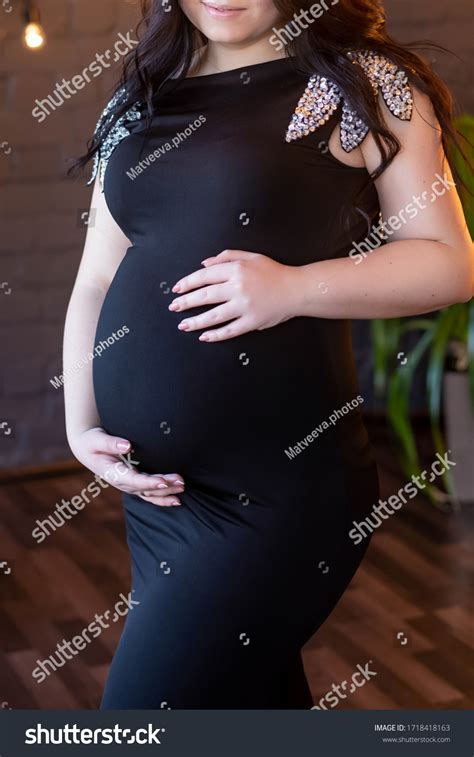Brunette Pregnant Woman Black Tight Dress Stock Photo 1718418163 Shutterstock