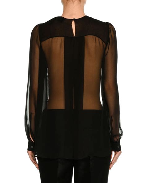 Lyst N°21 Long Sleeve Pleated Sheer Chiffon Blouse In Black