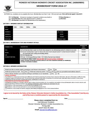 Fillable Online MEMBERSHIP FORM 2016 17 CV WCCC Fax Email Print