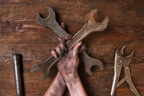 Crossed Old Spanners On A Wooden Table Stock Photo Image Of Iron