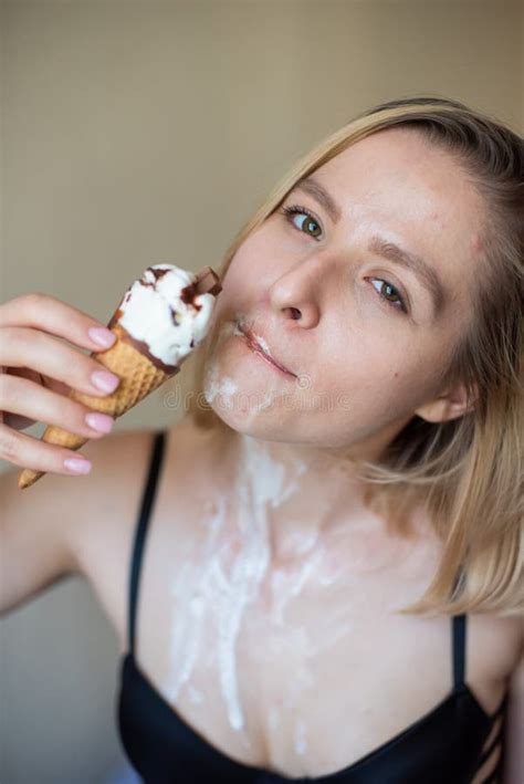 Blonde Licks A Waffle Cone Ice Cream Is Melting Erotically Draining Through The Body Of An