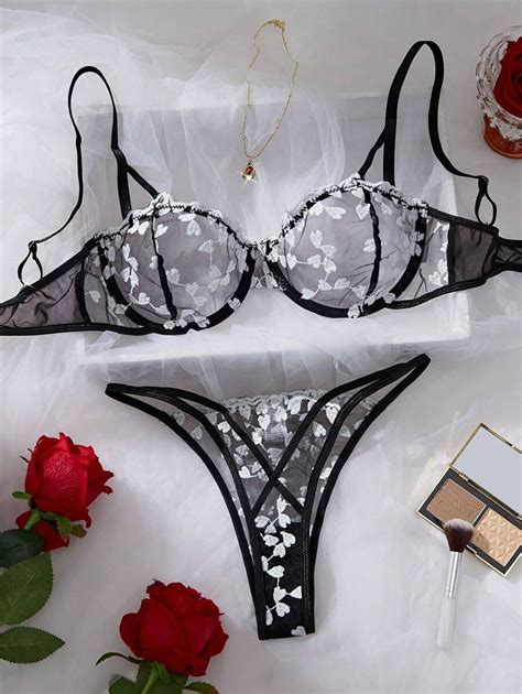 Women Embroidered Mesh Sheer Sexy Lingerie Set Shein Eur