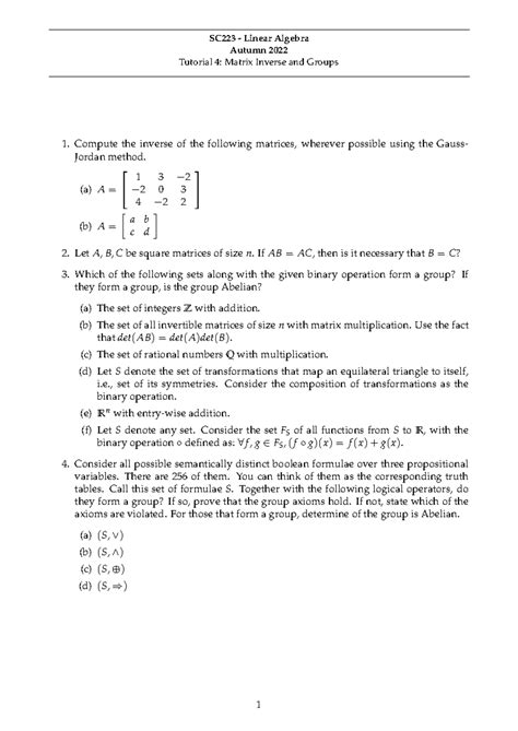 Tutorial 4 LA Problems SC223 Linear Algebra Autumn 2022