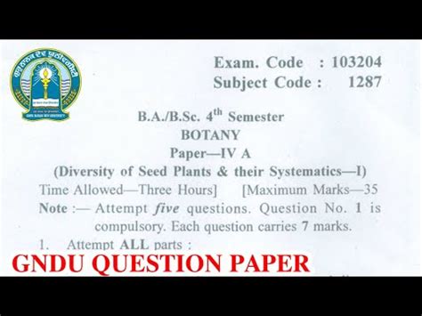 Gndu BA Bsc 4th Semester Botany Question Paper Bsc 4th Semester