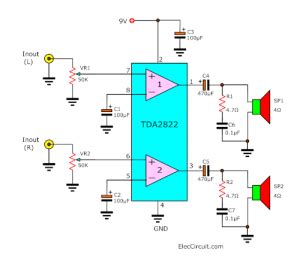 TDA2822 stereo amplifier & datasheet | Electronic circuit projects