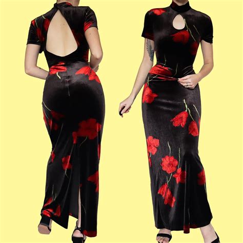 Black Velvet Short Sleeve Floral Evening Gown With Depop