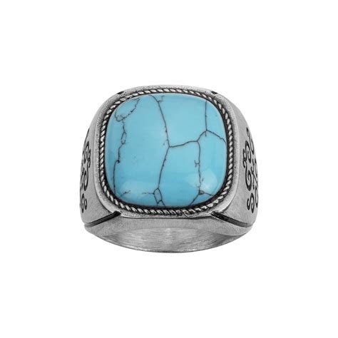 Bague Zin Dine En Acier L Avec Turquoise Reconstitu E Bleu Turquoise