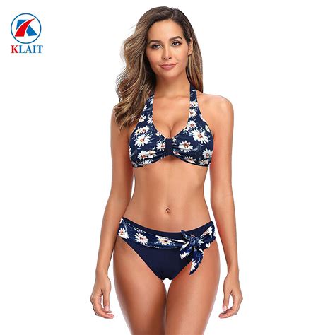 Womens Swimwear Tie Knot Front Bottom Halter Bikini Two Piece Swimsuits Swimsuit And Swim