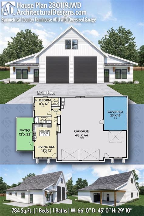 Plan 280119jwd Symmetrical Country Farmhouse Adu With Oversized Garage In 2022 Carriage House