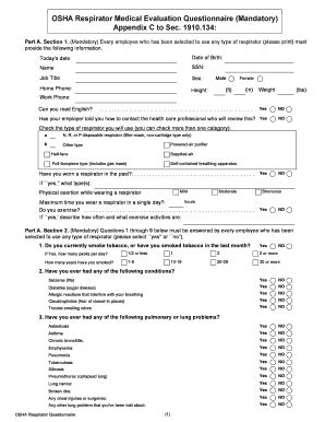 Fillable Online Osha Respirator Medical Evaluation Bquestionnaireb