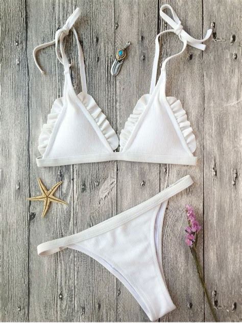 Rib Textured Frilled String Bikini Set WHITE Bikinis S ZAFUL