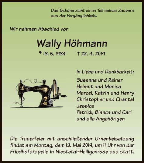 Traueranzeigen Von Wally H Hmann Trauer Hna De