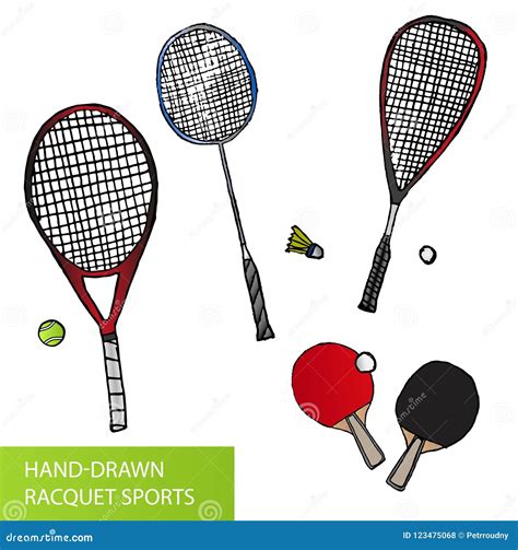 Set Of Hand Drawn Racquet Sports Equipment For Tennis Table Tennis