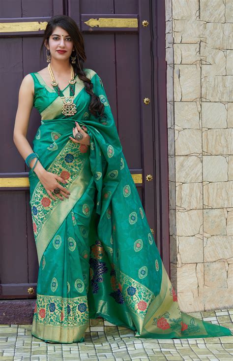 Light Teal Banarasi Silk Jacquard Woven Saree With Blouse Brithika